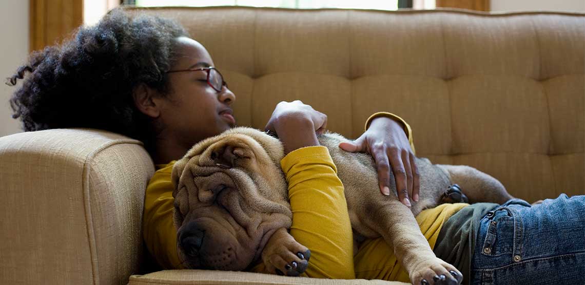 a woman taking a nap on the couch with her dog