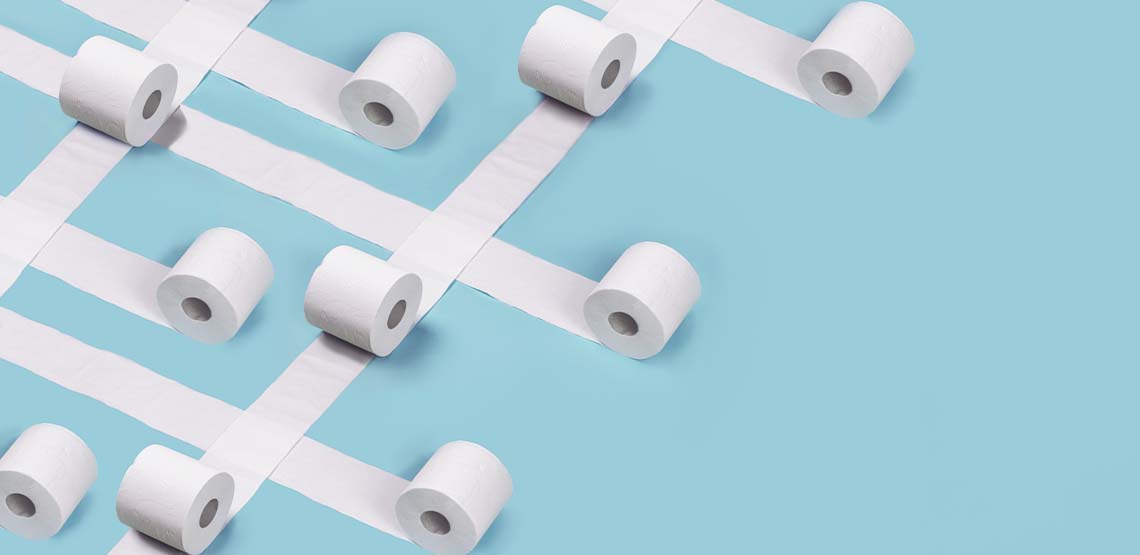 Rolls of toilet paper against a light blue background.