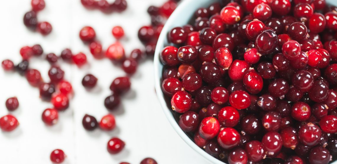 Cranberries on a bowl, sitting on a white background